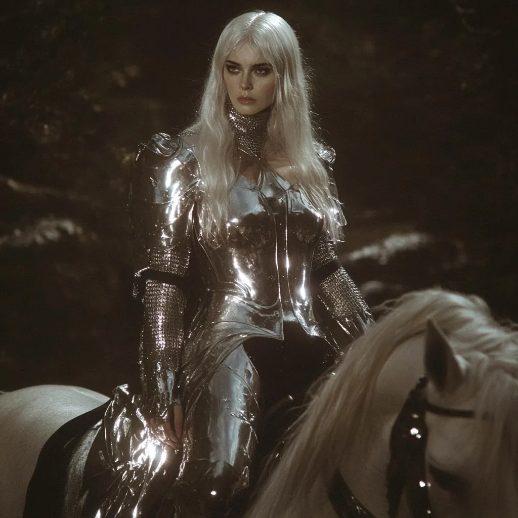 A woman with long, platinum blonde hair sits astride a white horse. She is clad in shining silver armor, a medieval-style suit reflecting light.  Her expression is serious, almost stoic. The dark, shadowy background emphasizes the metallic gleam of her attire and the pale skin of her face and horse.  The overall image evokes a sense of fantasy and power.