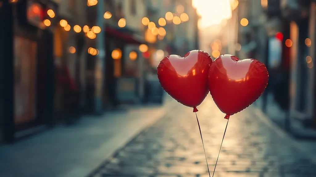 Two red heart-shaped balloons float in the foreground, their strings intertwined.  The background is a softly blurred, romantic street scene at sunset, with warm-toned bokeh lights strung across the buildings. The overall image evokes feelings of love and affection, perhaps suggesting a romantic stroll or celebration.