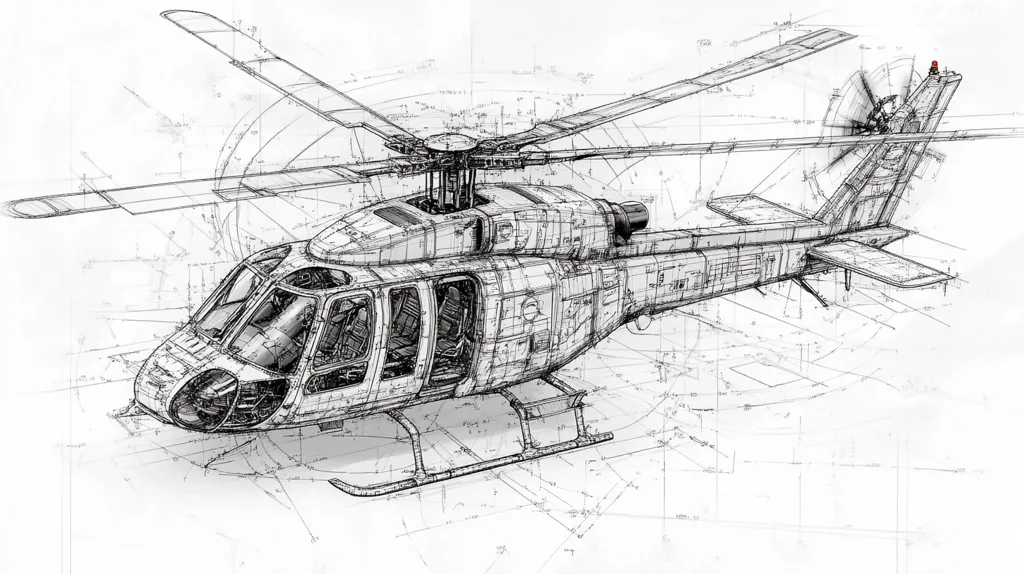 A detailed technical drawing of a helicopter, rendered in grayscale.  The illustration shows the helicopter in three-quarter view, with its internal structure and components visible.  Overlaid blueprint-style lines and measurements add to the technical feel.  The image suggests a design process or engineering blueprint, emphasizing precision and detail.