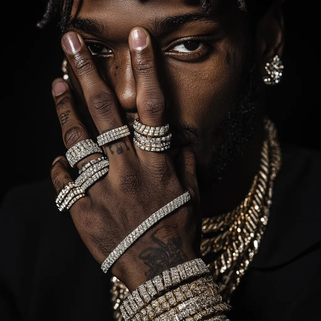 Close-up of a dark-skinned man with a beard, partially obscuring his face with his hand adorned in numerous diamond rings and bracelets.  He wears a thick gold chain around his neck and diamond earrings.  The image is dark and moody, emphasizing the opulence of his jewelry. The overall aesthetic is one of hip-hop style and luxury.