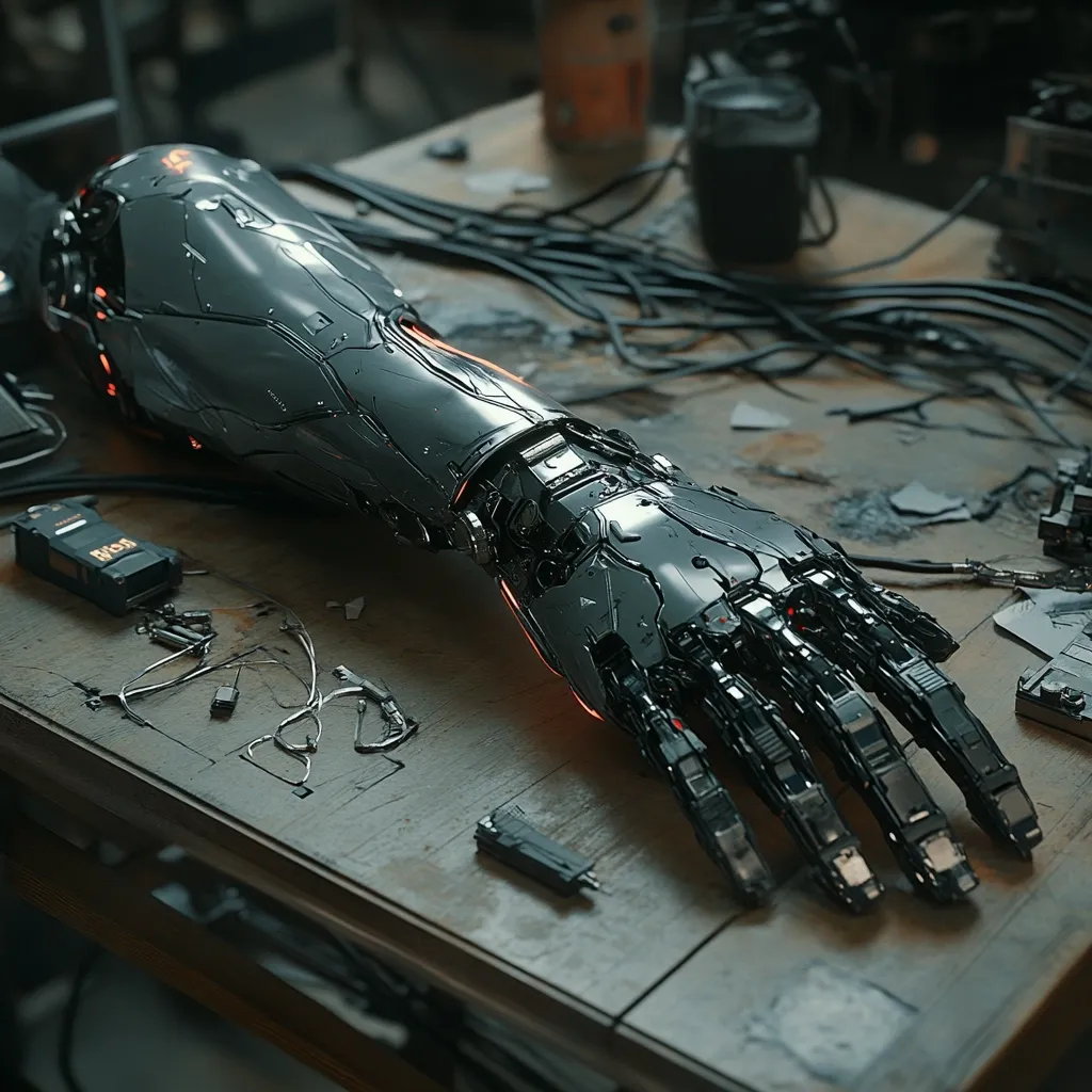 A highly detailed robotic arm rests on a cluttered workbench.  Its sleek, dark metallic surface is accented by glowing orange internal components.  Surrounding the arm are various small tools, wires, and electronic parts, suggesting a workshop environment where the robotic limb is being repaired or assembled.  The overall aesthetic is dark, gritty, and futuristic.