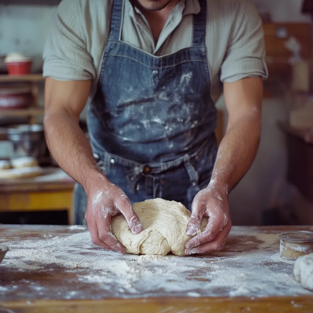 A baker, wearing a denim apron dusted with flour, carefully shapes a ball of dough on a wooden table.  His hands, also coated in flour, gently manipulate the bread dough.  The setting appears to be a rustic bakery kitchen, with hints of other baked goods in the background. The scene evokes a feeling of artisanal bread making.