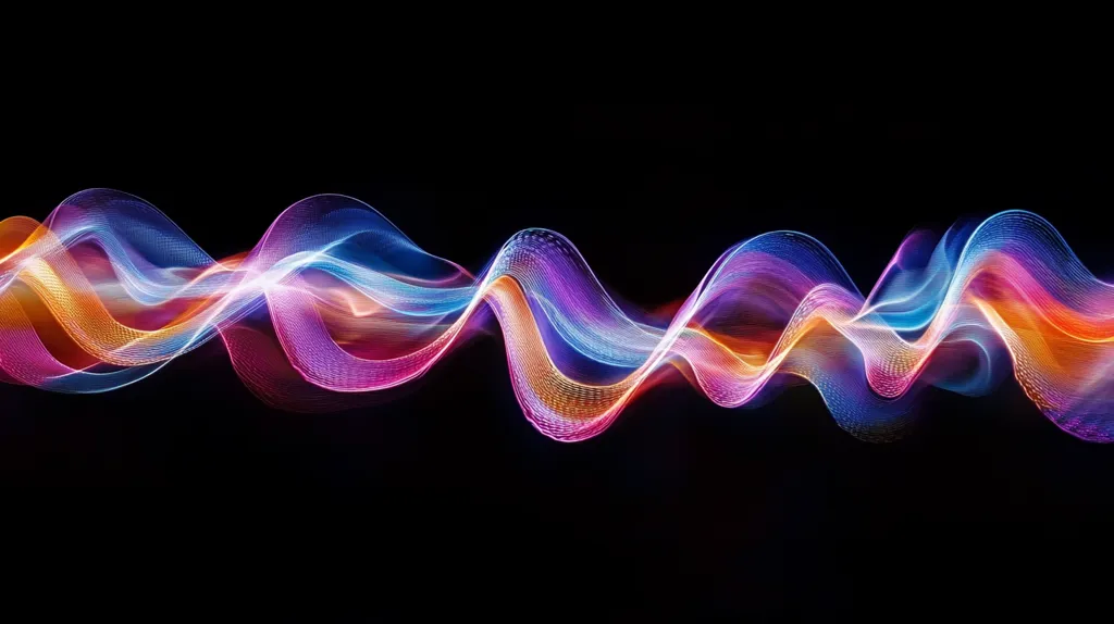 A vibrant, abstract image features flowing, multicolored waves against a black background.  The waves are composed of interwoven strands of light in shades of orange, pink, purple, and blue.  They undulate rhythmically across the image, creating a sense of movement and energy.  The overall effect is dynamic and visually striking.
