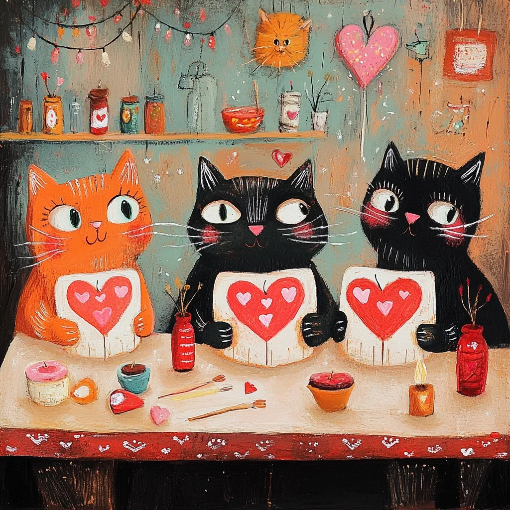 Three stylized cats, an orange tabby and two black ones, sit at a table crafting Valentine's Day cards. Each cat holds a card adorned with smaller hearts.  The scene is set in a whimsical, cozy kitchen filled with jars, candles, and heart-shaped decorations, creating a charming and festive atmosphere.  Paintbrushes and small jars of paint are scattered on the table.