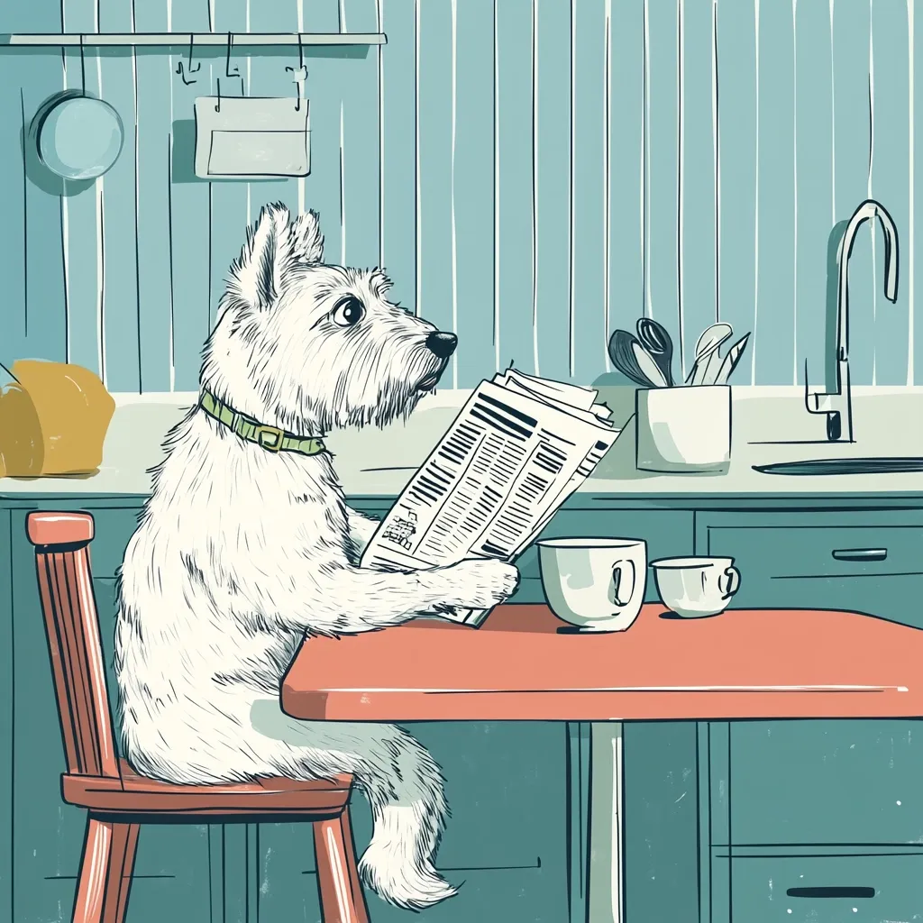A West Highland White Terrier sits at a kitchen table, attentively reading a newspaper.  Two mugs sit on the table beside him. The kitchen is depicted in a vintage, muted color palette, with teal cabinets and a red table. The dog wears a collar and appears relaxed and engrossed in its reading material.  The scene is charming and whimsical.