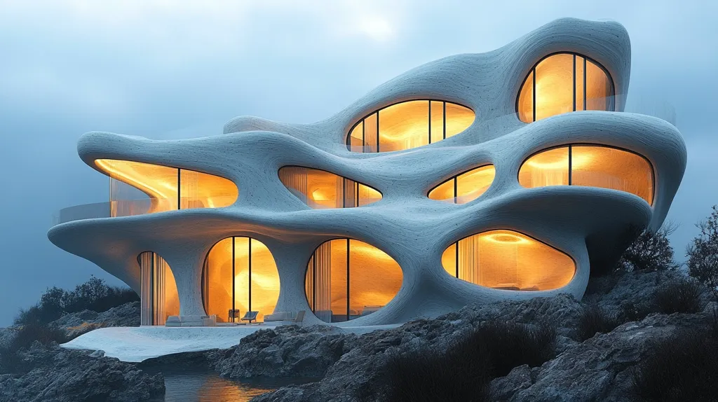 A futuristic, organically-shaped house sits on a rocky outcrop overlooking the water.  Its smooth, light-grey exterior features numerous irregular, glowing windows.  The warm interior light contrasts with the cool twilight sky.  The design is highly unconventional, appearing both fluid and solid, suggesting a blend of natural and artificial forms.  The house seems to meld with its environment.