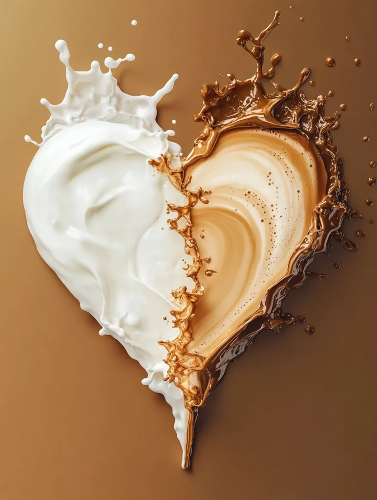 A heart-shaped splash of milk and coffee forms a visually stunning image.  Creamy white milk and rich brown coffee intermingle, their textures contrasting beautifully against a warm brown background.  The dynamic splashes capture a moment of movement, suggesting a delicious blend of flavors.  The heart shape adds a romantic and appealing touch to this artful depiction of beverages.