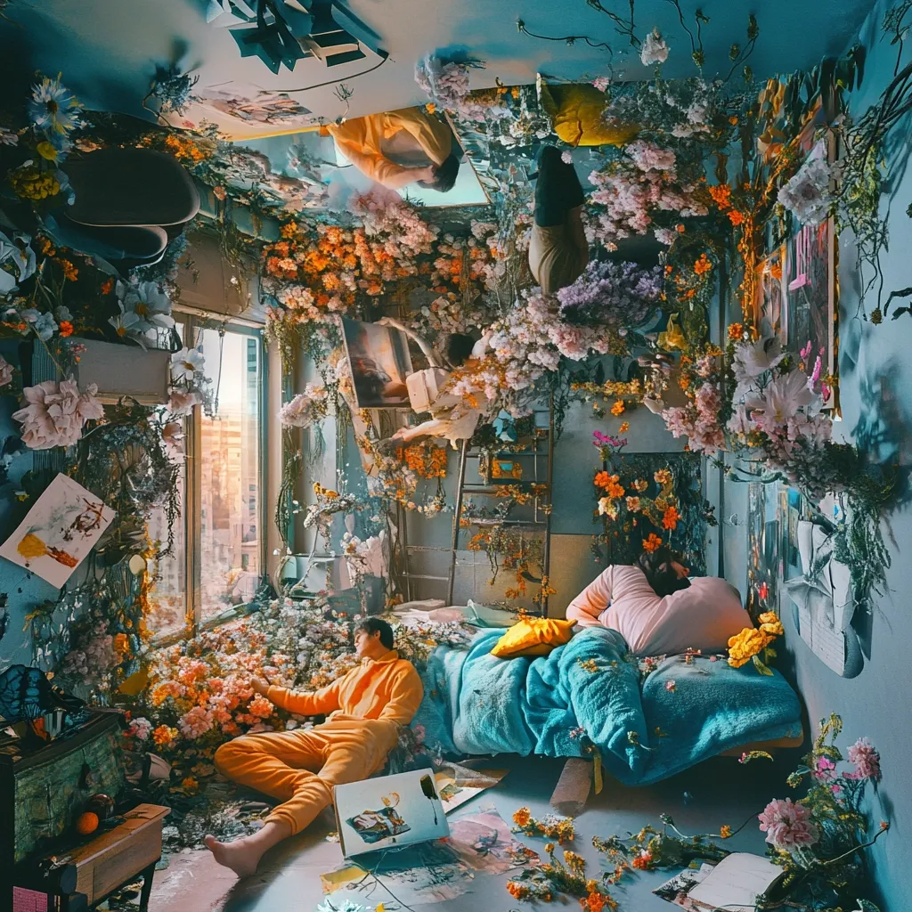 A surreal bedroom overflows with vibrant flowers cascading from the ceiling and spilling onto the floor. Two figures recline amidst the blossoms; one in an orange tracksuit, seemingly at ease, the other on a teal bed, appearing relaxed.  The room is cluttered with artwork, and a whimsical, dreamlike atmosphere pervades the scene.  The overall effect is one of playful chaos and abundant, vibrant life.