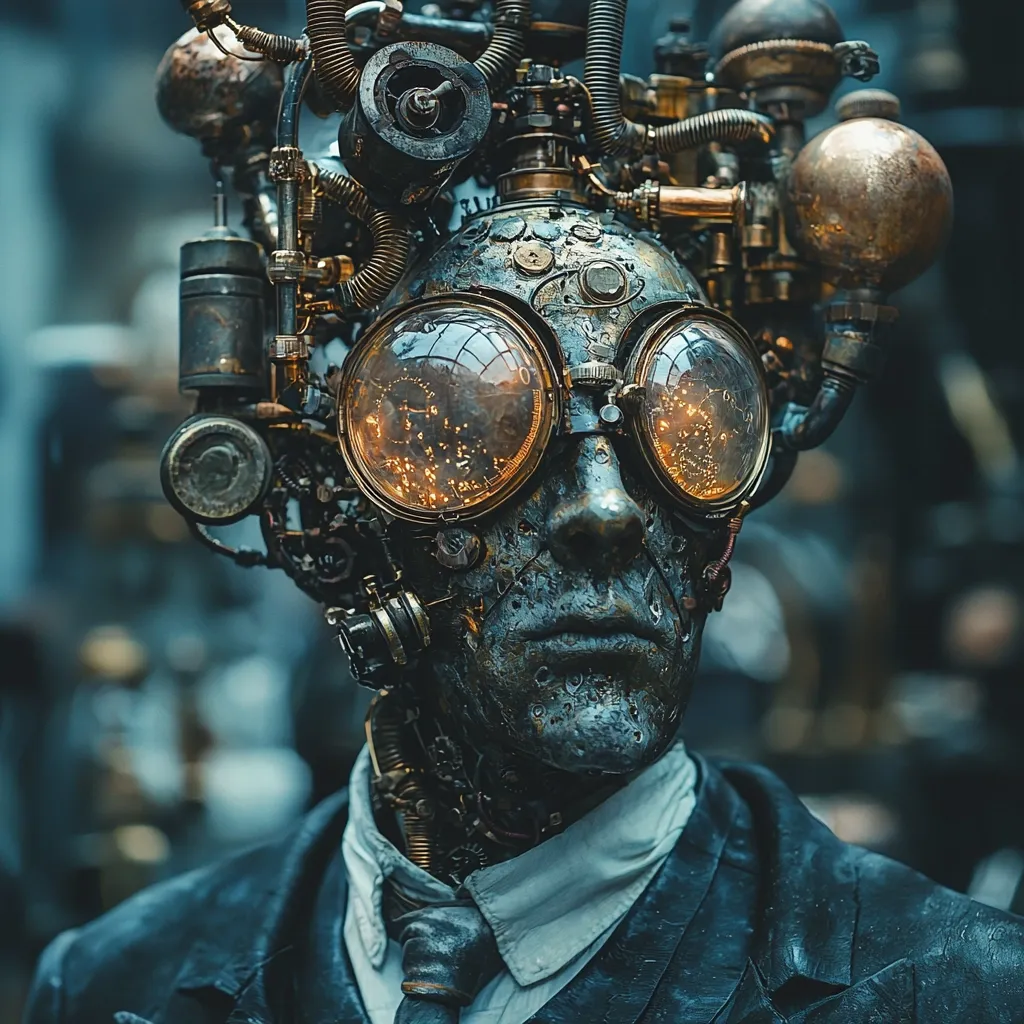 A close-up shot reveals a steampunk-inspired automaton, its face a metallic mask adorned with goggles glowing with internal light.  Intricate gears, pipes, and brass components comprise the head and neck, extending down to a dark suit and tie.  The overall aesthetic blends organic and mechanical elements, creating a striking image of futuristic retro technology. The background is blurred, focusing attention on the detailed craftsmanship of the figure.