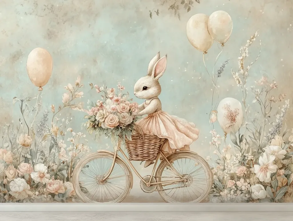 A charming illustration depicts a sweet bunny in a pink dress riding a vintage bicycle adorned with a basket of pastel roses.  Floating balloons add to the whimsical scene, set against a soft, muted blue backdrop filled with delicate wildflowers. The overall aesthetic is gentle and dreamy, perfect for a child's room or nursery.