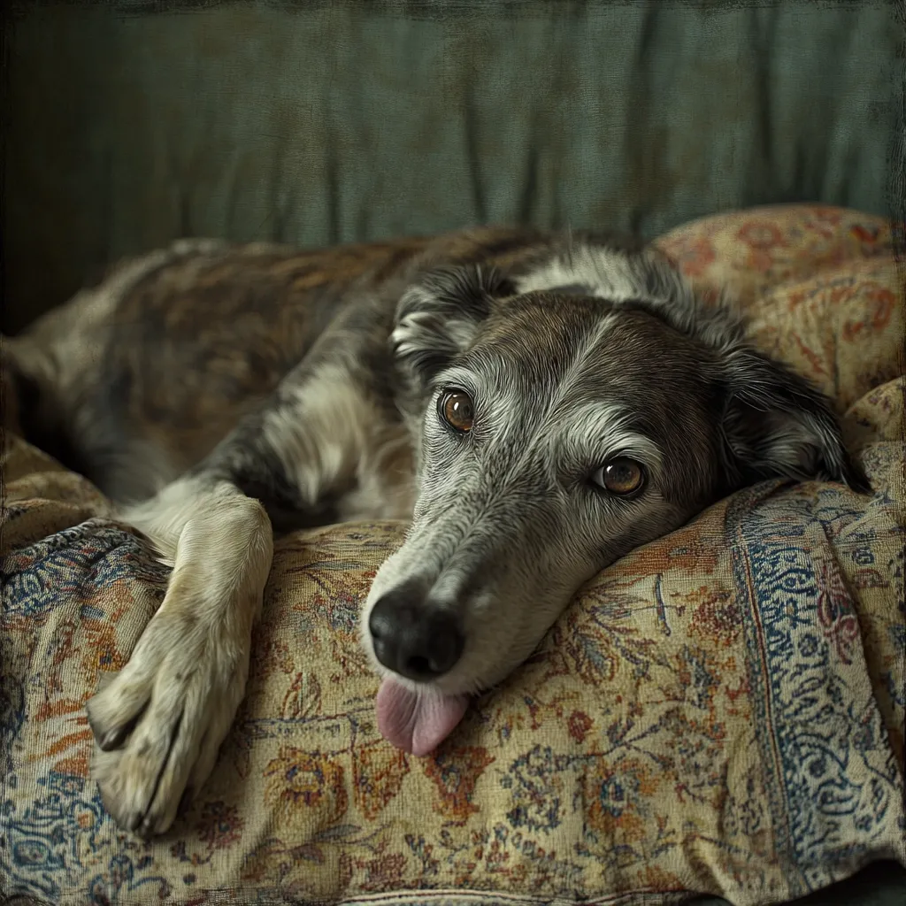 A senior dog, possibly a greyhound mix, rests its head and front paws on an ornate, patterned cushion.  Its muzzle is resting on the fabric, tongue slightly out, and its expressive brown eyes gaze at the viewer.  The dog's coat is a mix of grey and brown, showing its age. The overall image has a vintage, muted color palette.