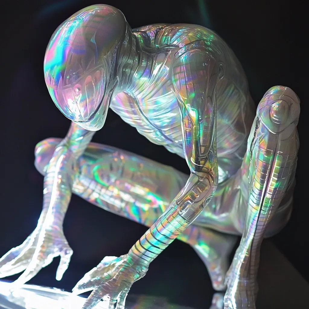 A striking iridescent sculpture of an alien creature crouches low, its metallic, segmented body reflecting a spectrum of rainbow hues.  The figure’s head is helmet-like, and its pose suggests observation or contemplation. The intricate detail and shimmering surface create a captivating visual effect. The dark background emphasizes the sculpture’s otherworldly glow.