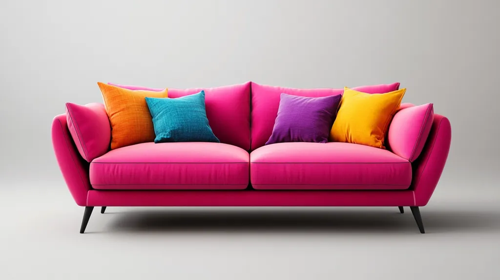 A vibrant pink velvet sofa sits against a minimalist grey background.  It's adorned with a set of colorful throw pillows: orange, teal, purple, and another orange, adding a playful pop of color against the sofa's bold hue. The sofa features sleek, dark legs, completing its modern design.