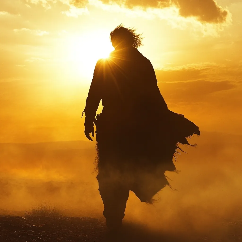 A lone figure, cloaked and silhouetted against a vibrant sunset, walks through a hazy desert landscape.  The setting sun casts a golden glow, highlighting the figure's long coat billowing in a gentle breeze.  Dust swirls around their feet, adding to the sense of isolation and journey. The scene evokes a feeling of mystery and adventure, suggesting a solitary traveler traversing a harsh yet beautiful environment.