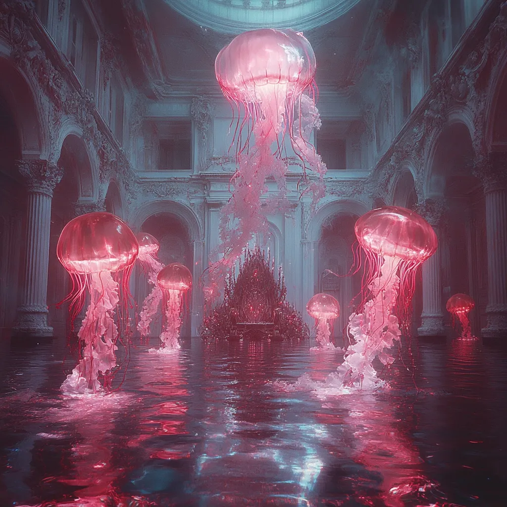 A surreal scene unfolds within a grand, flooded hall.  Large, bioluminescent jellyfish, glowing pink, float in the water that reaches the arched colonnades.  A dark, ornate throne sits at the far end, creating a dramatic contrast against the ethereal jellyfish and pale architecture.  The overall atmosphere is dreamlike and otherworldly, blending the elegance of a classical building with the mysterious beauty of deep-sea creatures.