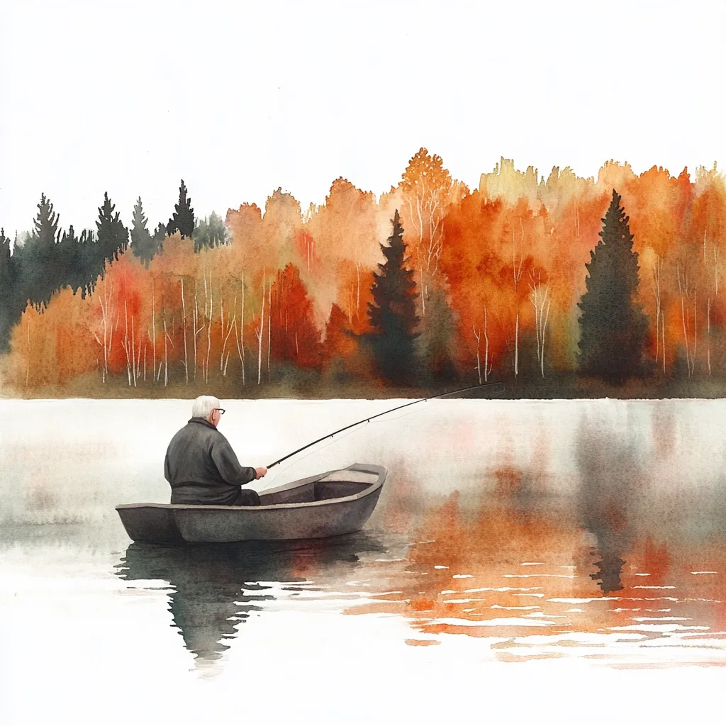 A watercolor painting depicts a serene autumn scene. An elderly man sits alone in a small, dark-colored boat on a calm lake, fishing rod extended.  The background showcases a vibrant autumnal forest with trees in shades of orange, red, and brown, reflected subtly in the still water. The overall mood is peaceful and contemplative.