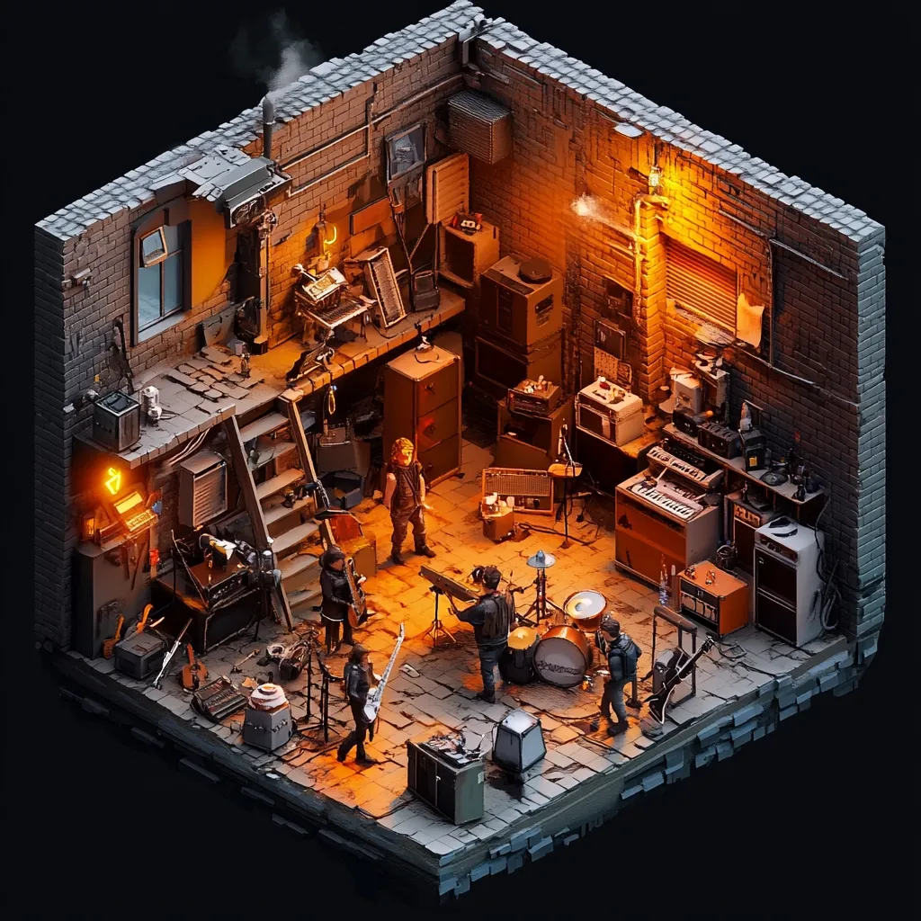A dimly lit, cluttered basement serves as a makeshift band rehearsal space.  Brick walls are crammed with musical equipment, amps, and instruments.  A band of four musicians, dressed in casual attire, practice amidst the chaos. The isometric perspective showcases the cramped yet functional environment, illuminated by warm, orange lighting.  A staircase leads to an upper level, adding depth to the scene.