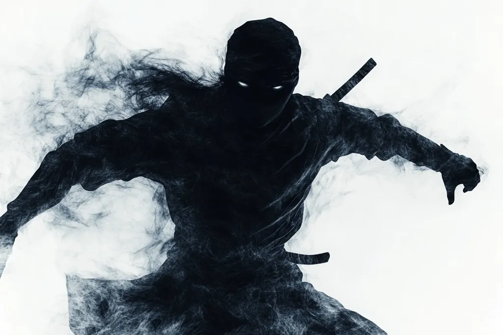 A shadowy figure, possibly a ninja, is depicted in motion against a stark white background.  The figure is partially obscured by a smoky, ethereal effect, giving it a ghostly or spectral appearance.  Only glowing eyes are visible through the mask, adding to the mysterious and menacing aura.  A katana is partially visible, suggesting stealth and combat.  The overall impression is one of hidden power and imminent action.
