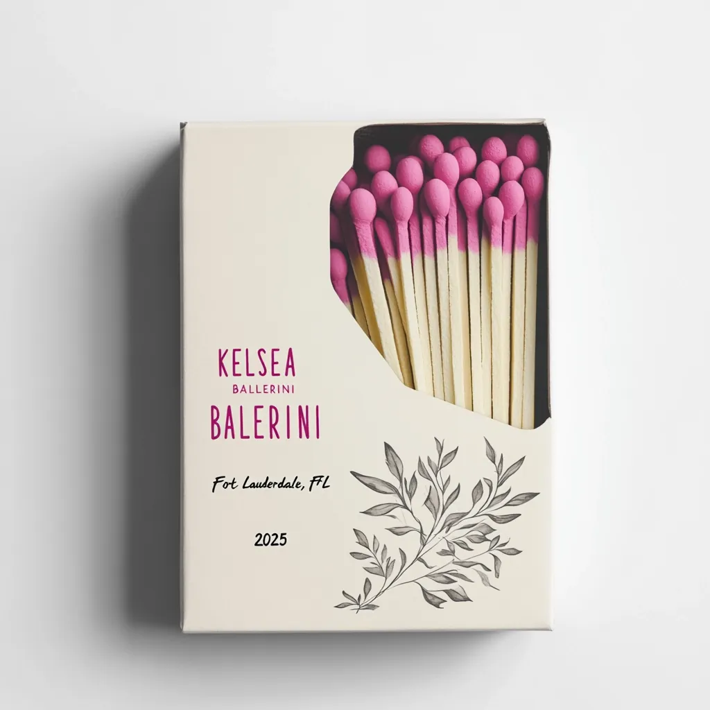 A box of matches with pink-tipped wooden sticks is shown.  The box is off-white with minimalist design featuring the name "KELSEA BALLERINI," "Fort Lauderdale, FL," and "2025."  A simple botanical illustration is also included. The overall aesthetic is clean and sophisticated.