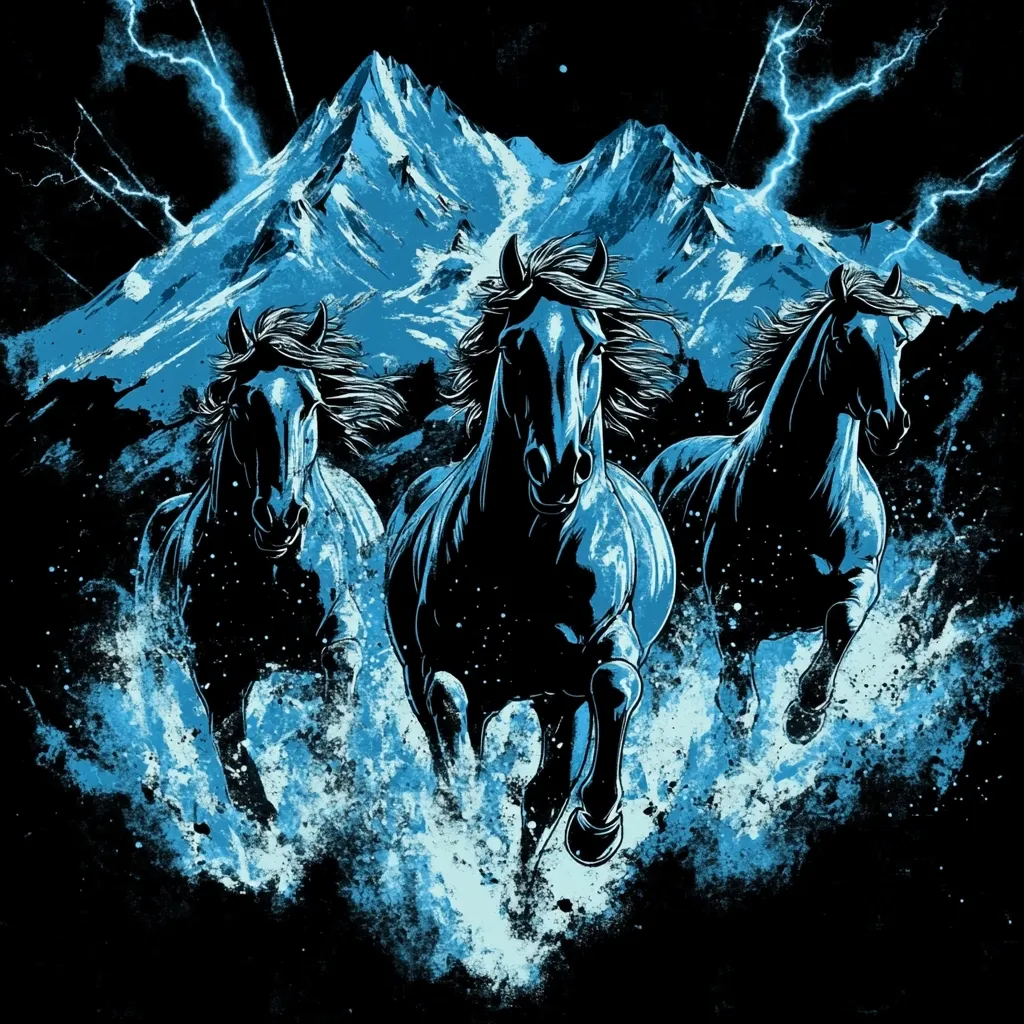Three majestic black horses gallop through a vibrant blue, splash-like effect against a backdrop of a snow-capped mountain range.  Lightning streaks across the dark sky, enhancing the dramatic energy of the scene. The horses' manes and tails flow dynamically, suggesting powerful movement.  The overall style is bold and artistic, a blend of realism and abstract expressionism.