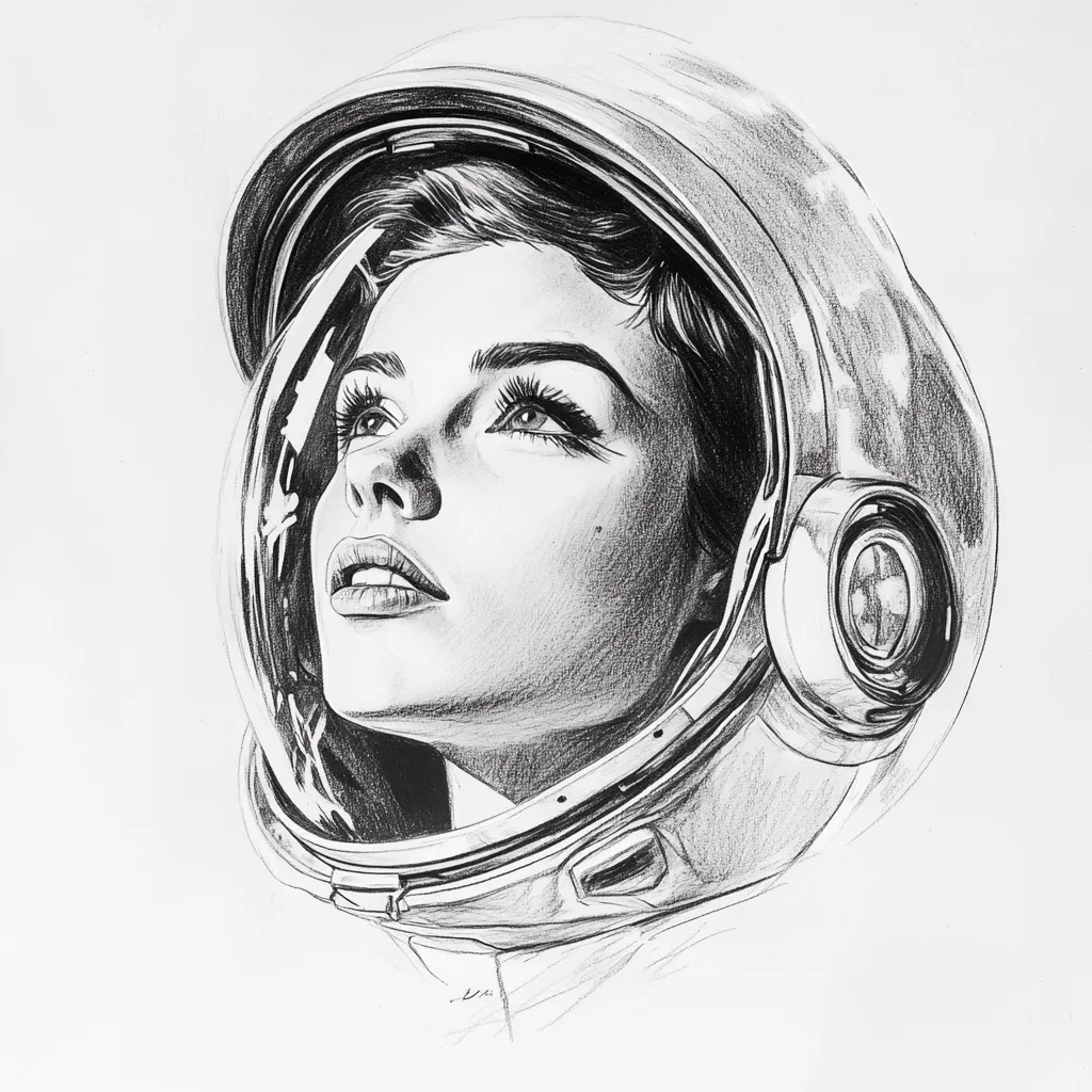 A detailed pencil sketch depicts a woman's face, gazing upward, encased within a vintage-style astronaut helmet. Her expression is serene and hopeful, her features meticulously rendered with shading that emphasizes her soft skin and expressive eyes. The helmet's texture and details are equally well-defined, creating a striking contrast between the delicate face and the robust space gear.  The overall style is realistic and evocative, suggesting a sense of wonder and exploration.