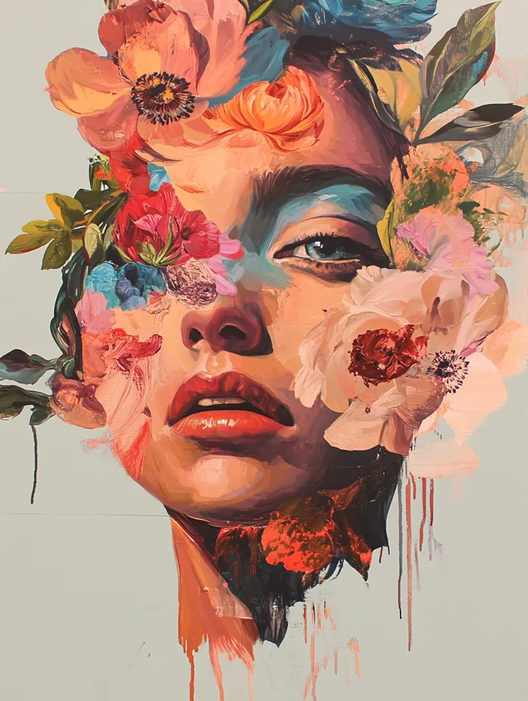 A vibrant, stylized portrait of a woman's face is partially obscured by a profusion of colorful flowers.  The painting employs bold strokes and a rich palette, creating a sense of both beauty and mystery. The flowers, rendered with expressive detail, appear to grow from and merge with the woman's features, blurring the line between human form and floral artistry.  Drips of paint add a dynamic, unfinished quality to the piece.