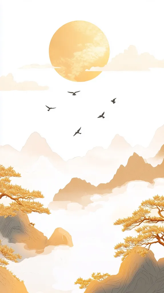 A serene landscape painting depicts a large, pale-yellow sun above soft, rolling mountains shrouded in mist.  Several birds fly across the sky.  Golden-hued pine trees stand on rocky outcrops, adding warmth to the minimalist, almost ethereal scene.  The overall feeling is one of tranquility and peaceful beauty.