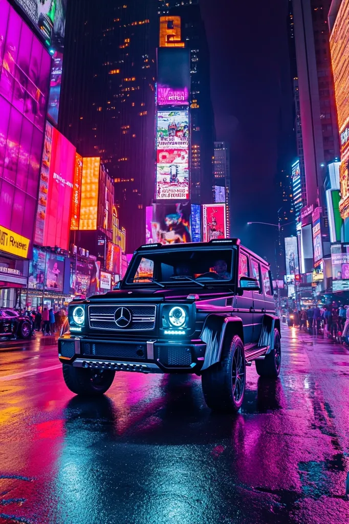A black Mercedes G-Wagon SUV sits on a rain-slicked street in Times Square, New York City. Vibrant neon signs illuminate the bustling city backdrop, reflecting in the wet pavement. The vehicle's headlights cast a glow, contrasting with the surrounding bright lights. The scene is vibrant and energetic, showcasing a luxurious vehicle amidst the iconic cityscape.