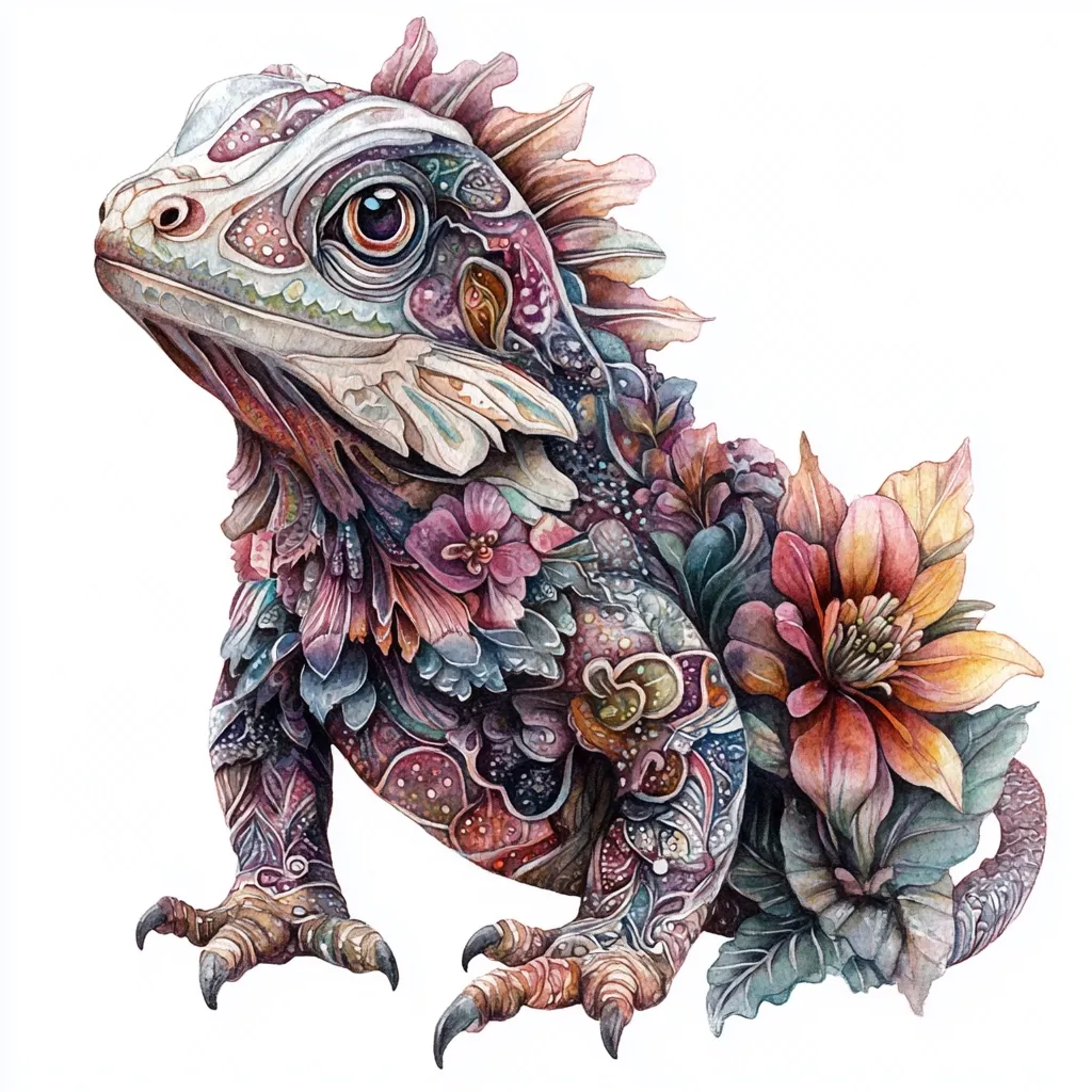 A watercolor painting depicts a vibrant iguana intricately adorned with floral patterns.  The reptile's scales are replaced with a kaleidoscope of flowers and paisley designs in rich purples, blues, pinks, and oranges.  The iguana's pose is alert and watchful, its large eye adding to the artwork's expressive quality. The detailed rendering of both the reptile and the floral elements showcases a masterful blending of realism and fantasy.