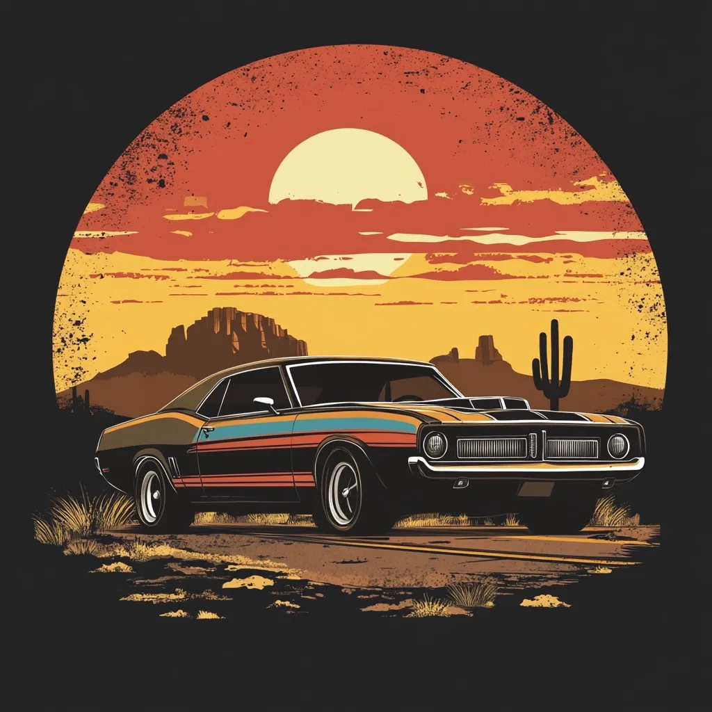 A classic muscle car, adorned with vibrant racing stripes, cruises down a desert highway.  The setting sun casts a warm, orange glow across the arid landscape, silhouetted against a large, full moon.  A lone saguaro cactus stands in the distance, adding to the evocative Western scene. The image evokes a sense of freedom and adventure on a classic American road trip.