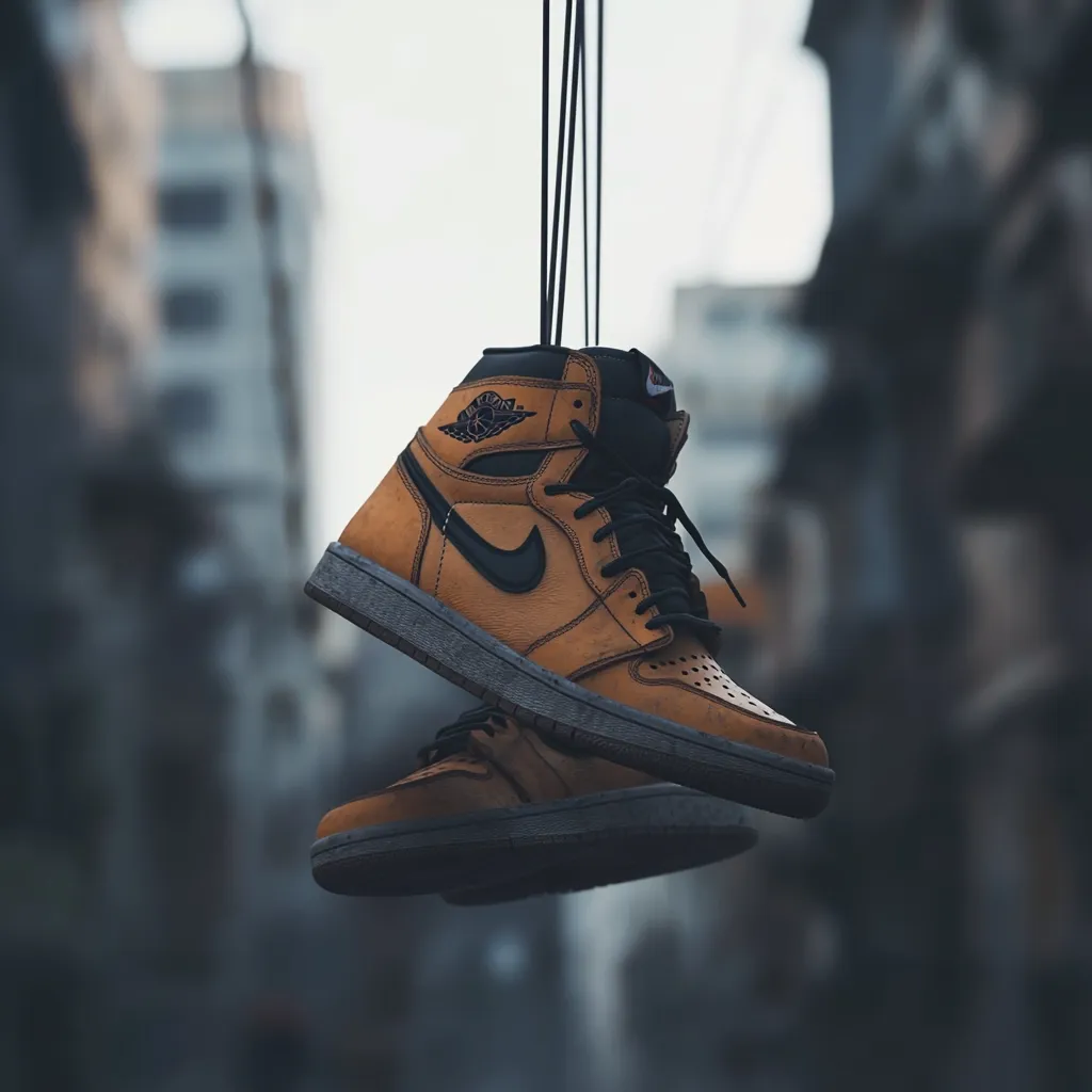 A pair of tan and black Air Jordan 1 high-top sneakers hangs suspended by laces against a blurred urban backdrop. The shoes are meticulously detailed, showcasing the iconic Nike swoosh and Air Jordan branding.  The muted city background emphasizes the sneakers, creating a visually appealing contrast between the sharp focus on the footwear and the soft, out-of-focus environment.