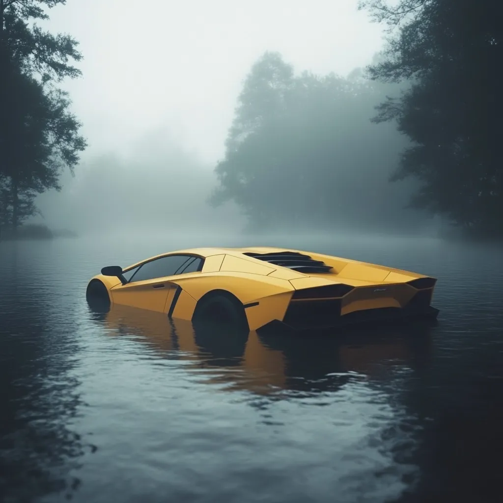 A vibrant yellow Lamborghini Aventador is partially submerged in a tranquil, misty lake.  The car is positioned at a slight angle, its rear visible above the waterline.  The surrounding landscape is shrouded in fog, with dark, shadowy trees lining the lake's edge, creating an atmospheric and somewhat mysterious scene.
