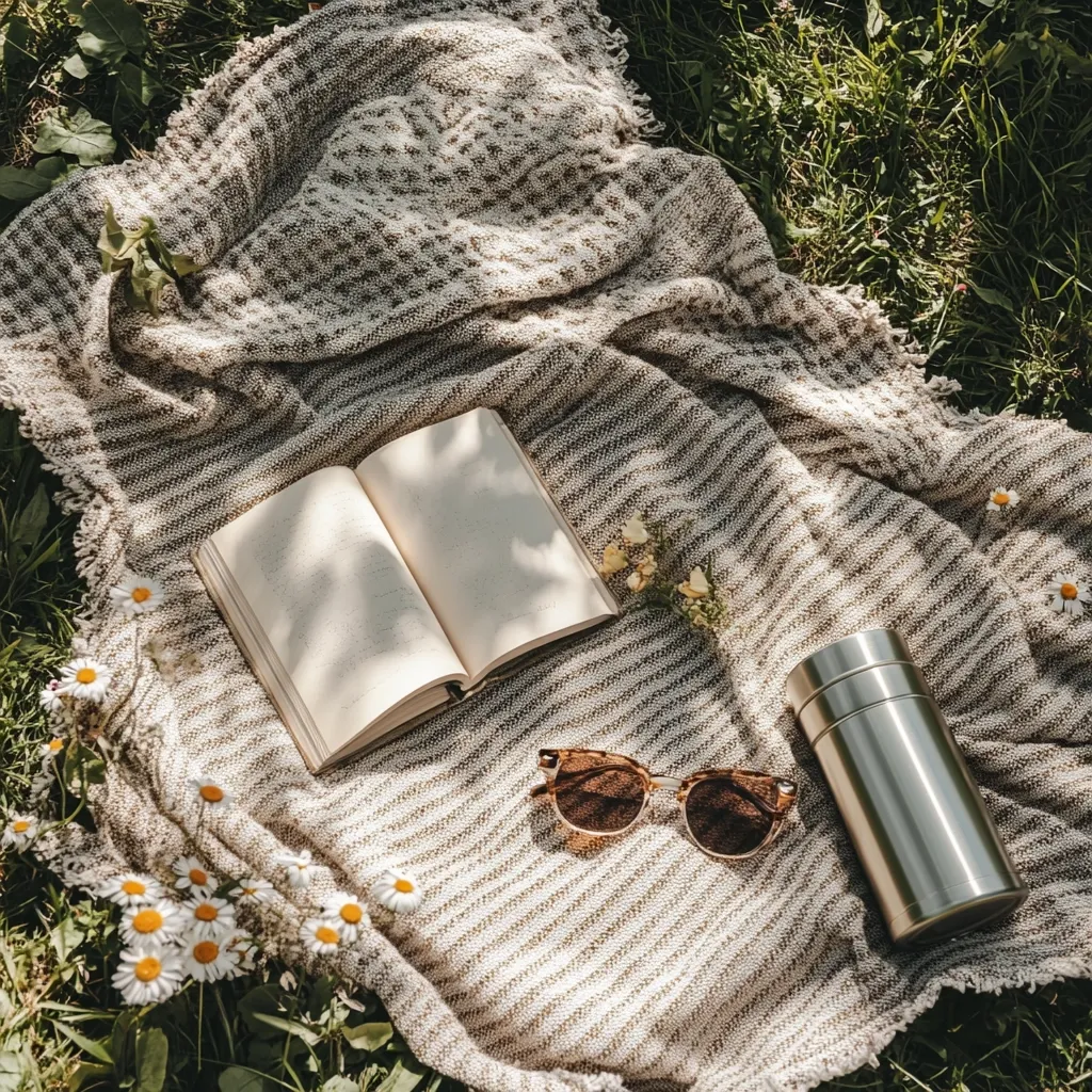 A cozy picnic scene unfolds on a soft, striped beige blanket spread across a vibrant green lawn.  An open book rests invitingly alongside a pair of stylish sunglasses and a sleek, silver thermos. Delicate daisies scatter around the blanket, adding to the tranquil ambiance of a sunny afternoon outdoors.  The scene evokes a sense of peace and relaxation.
