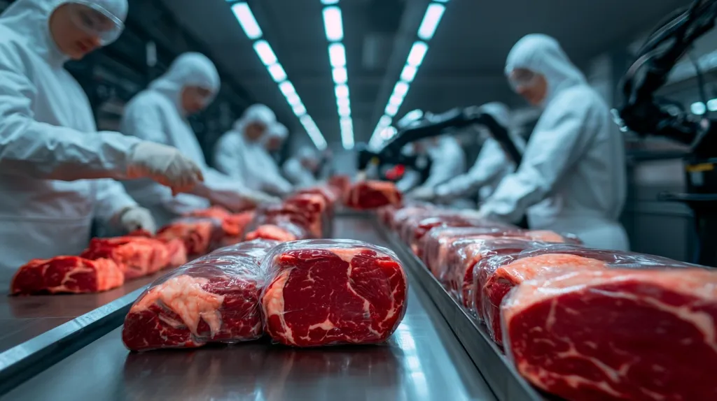 Workers in sterile white suits process large cuts of beef in a modern meatpacking plant.  Rows of individually wrapped steaks move along a stainless steel conveyor belt.  Automated machinery is visible in the background, contributing to the efficient and streamlined operation.  The image emphasizes the scale and industrial nature of meat production.