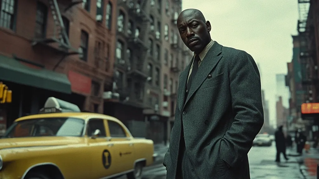 A dark-skinned man in a dark green suit stands on a city street, hands in his pockets.  He looks directly at the camera with a serious expression. A yellow taxi cab is partially visible in the foreground, and blurred buildings form the background. The overall atmosphere is moody and atmospheric.
