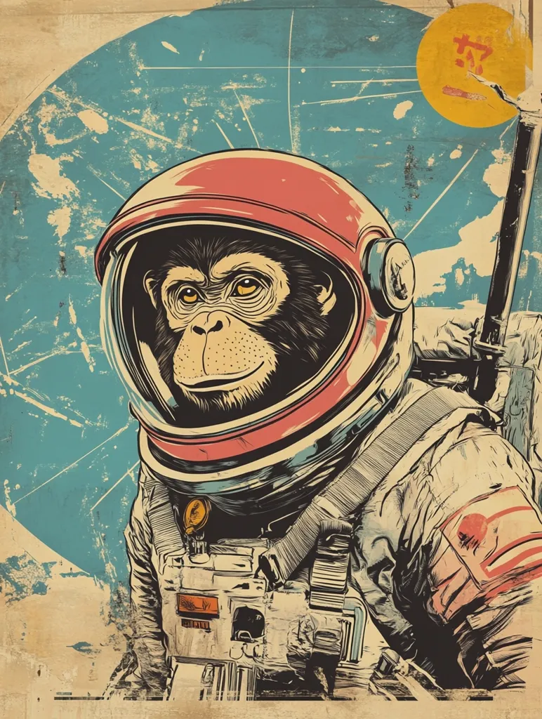 A vintage-style illustration depicts a chimpanzee astronaut in a retro space helmet.  The chimp's expression is calm and slightly amused. The background is a distressed, faded teal with a stylized sun and scratch marks, creating a nostalgic, mid-century space exploration feel. The artwork is detailed, with cross-hatching and shading adding depth to the chimpanzee and its space suit.  A sense of adventure and a touch of whimsy permeates the image.