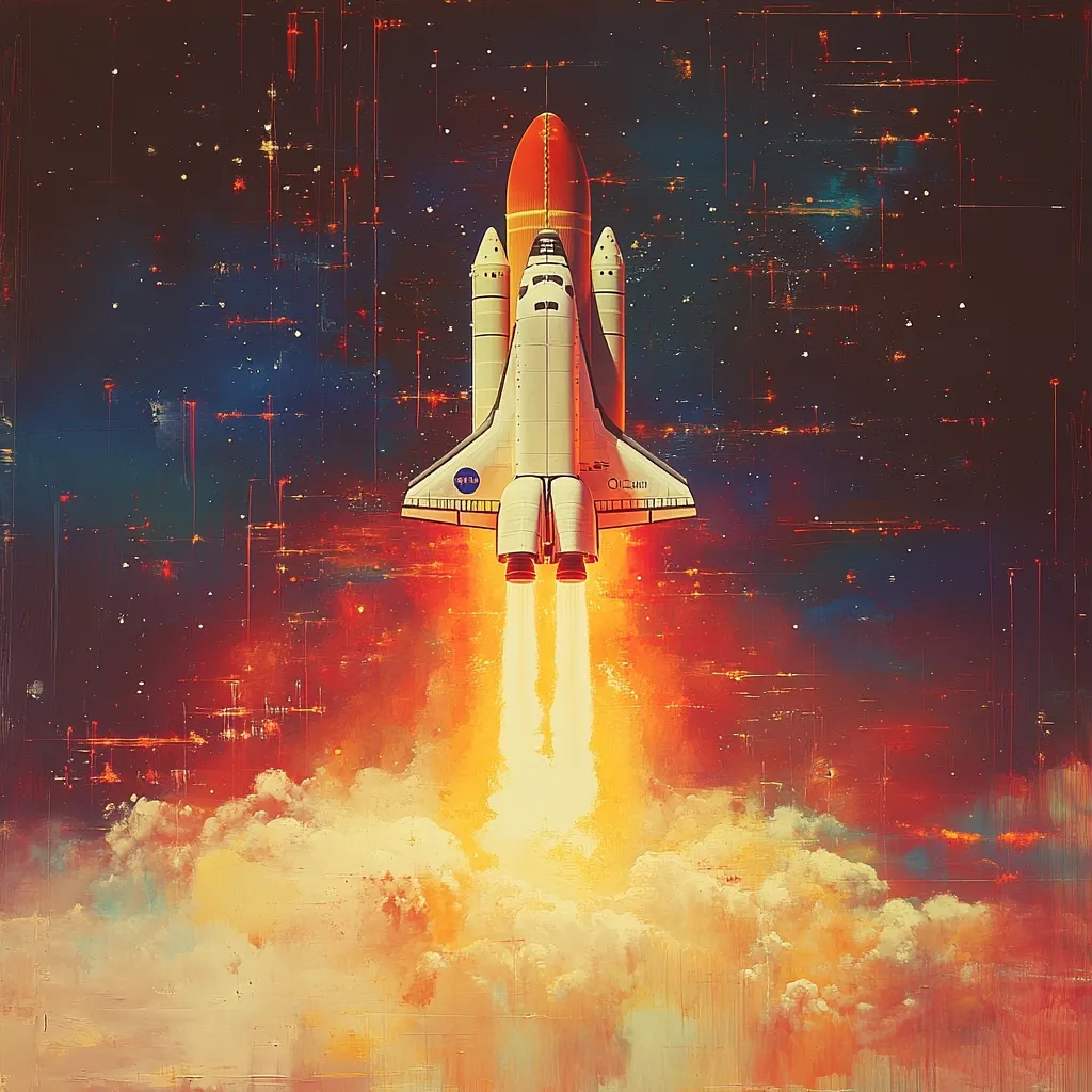 A stylized artwork depicts a Space Shuttle ascending through a fiery, clouded atmosphere.  The shuttle is centrally positioned, its engines blazing with bright orange and yellow thrust.  The background is a dark, textured expanse of space speckled with stars and faint, glowing lines, creating a dynamic and dramatic scene.  The overall style blends realism with painterly texture.