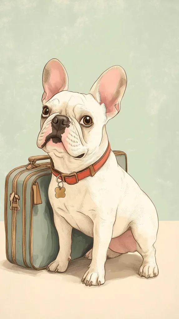 A charming illustration depicts a French bulldog sitting beside a vintage-style suitcase. The bulldog, predominantly white with soft pink ears, wears a red collar with a small charm.  Its expressive eyes and relaxed pose convey a sense of calm anticipation. The muted color palette and detailed rendering create a nostalgic and endearing image.