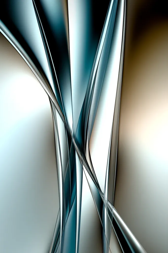 The image is an abstract digital artwork featuring intersecting, curving lines in shades of teal, silver, and beige.  The lines appear smooth and reflective, suggesting a metallic or glass-like texture. The composition creates a sense of depth and movement, with the lines converging and diverging across the frame.  The overall effect is sleek, modern, and visually striking.