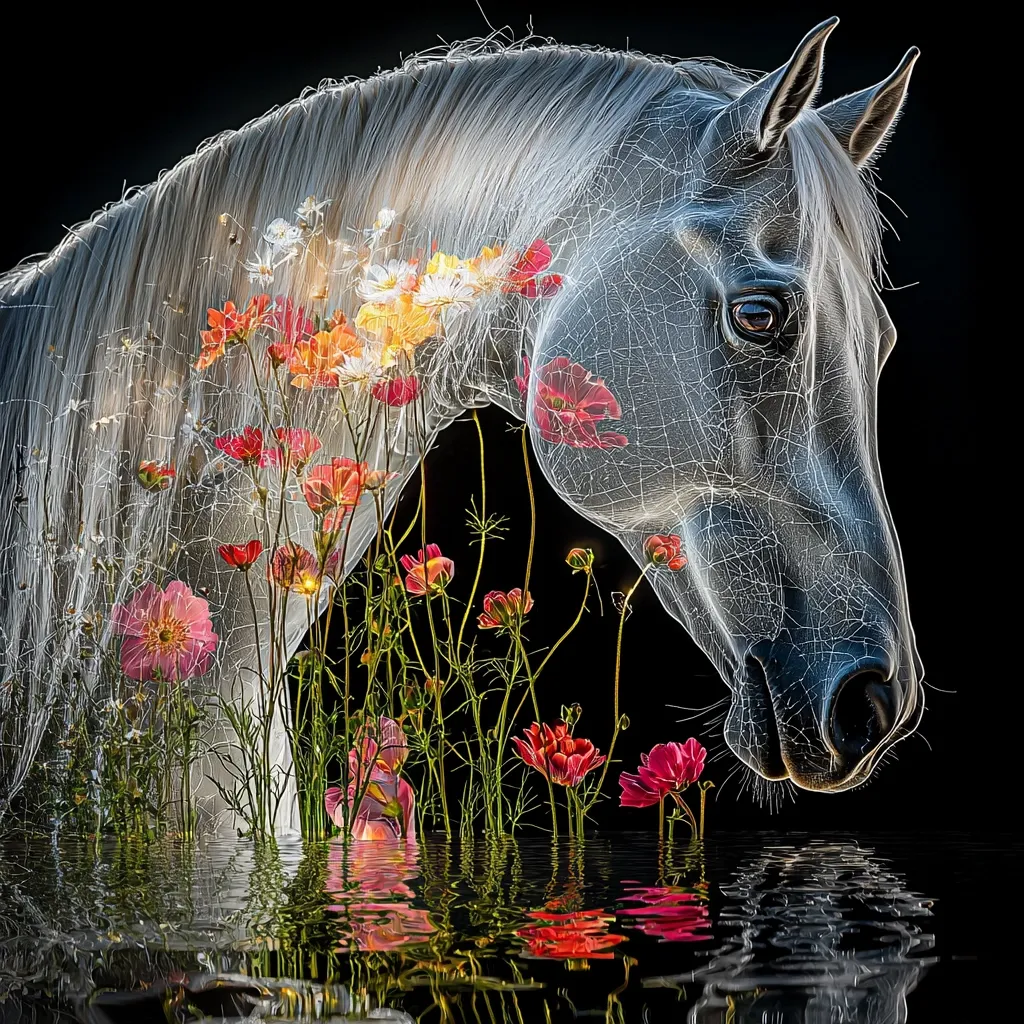 A captivating image depicts a white horse's head, seemingly translucent, adorned with vibrant wildflowers. The horse's mane flows gracefully, and its gaze is serene.  The flowers, a mix of reds, oranges, and whites, appear to grow from behind the horse, creating a mystical, ethereal effect. The scene is reflected in calm, dark water below, enhancing the dreamlike quality of the artwork.