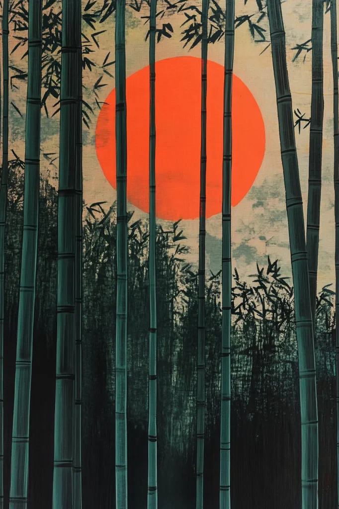 A stylized depiction of a bamboo forest at sunset.  Tall, slender bamboo stalks dominate the foreground, framing a large, vibrant orange sun that fills the upper portion of the image.  The background suggests a dense bamboo grove, rendered in dark greens and blacks, creating a serene and atmospheric scene reminiscent of Japanese art.  The color palette is limited, emphasizing the contrast between the warm sunset and the cool tones of the bamboo.