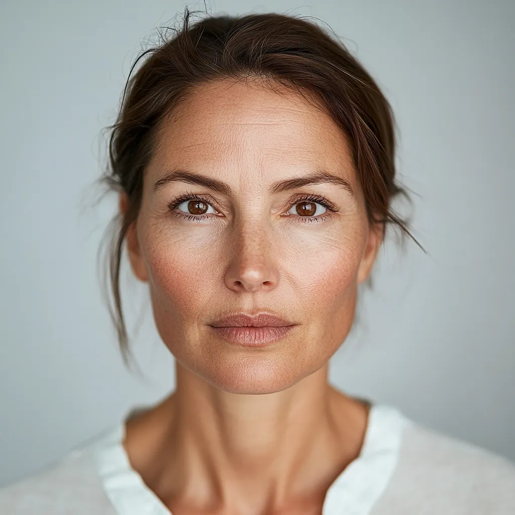 A close-up portrait of a middle-aged woman with brown hair pulled back from her face.  Her expression is serious and direct, her gaze meeting the viewer's.  She has visible lines and freckles, showcasing natural beauty and aging gracefully.  She wears a simple, off-white collared shirt. The background is a muted gray.