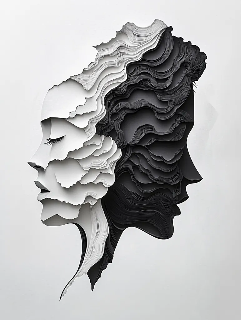 A striking paper sculpture depicts two intertwined faces, one in white and the other in black.  The layered, wave-like design creates a three-dimensional effect, suggesting depth and texture. The contrast between light and dark symbolizes duality or opposing forces, while the intertwined forms evoke a sense of unity or connection. The minimalist aesthetic and intricate detailing showcase the artist's skill.