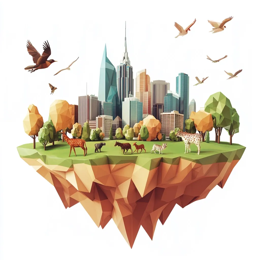 A low-polygonal illustration depicts a floating island with a cityscape backdrop.  The island features various low-poly animals including giraffes, a rhino, and antelope amidst stylized trees.  Birds fly overhead, creating a surreal juxtaposition of urban and wildlife environments.  The overall style is artistic and symbolic, potentially representing harmony between nature and city life.
