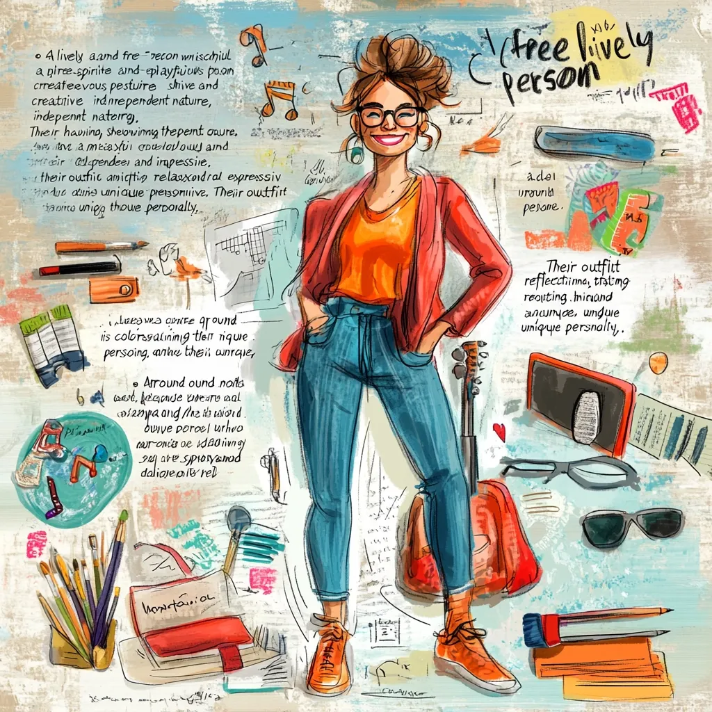 A vibrant illustration depicts a free-spirited young woman, radiating creativity and independence.  Surrounding her are artistic elements – musical notes, paintbrushes, and a guitar – reflecting her expressive personality. Her outfit, described as unique and reflective of her thinking, reinforces her individuality. The overall style is energetic and colorful, showcasing a lively, artistic nature.