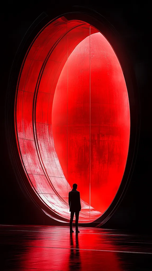 A lone figure in a dark suit stands silhouetted against a massive, glowing red oval portal. The portal is set within a sleek, dark circular structure, creating a dramatic contrast. The intense red light casts reflections on the polished floor, enhancing the futuristic and somewhat ominous atmosphere of the scene.  The image evokes feelings of mystery and contemplation.