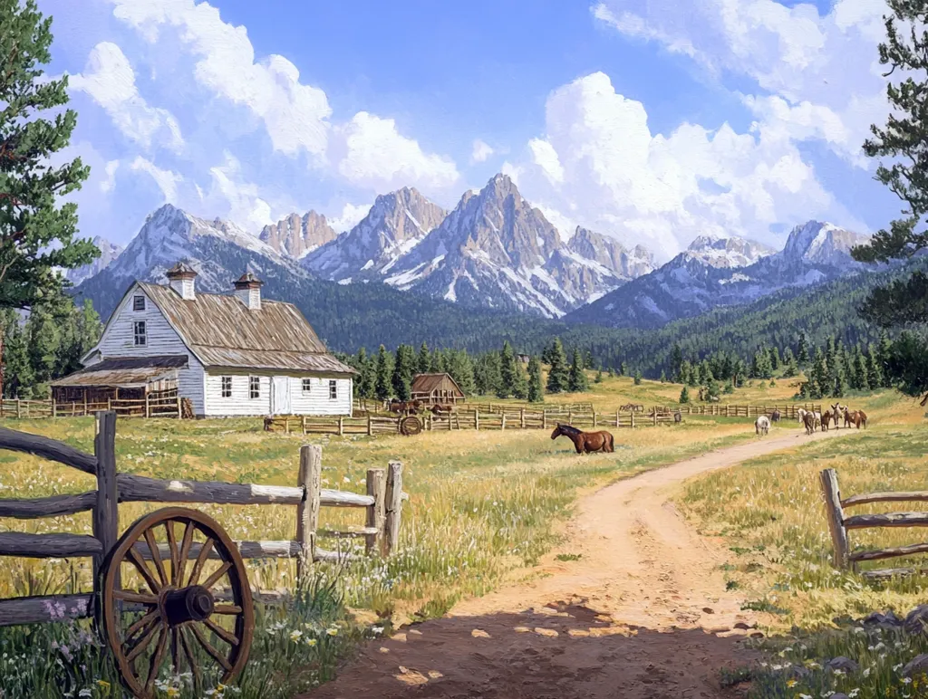 A picturesque ranch scene unfolds, showcasing a pristine white barn nestled in a verdant field, enclosed by wooden fences.  A dirt road meanders towards a breathtaking backdrop of snow-capped mountains under a vibrant blue sky. Several horses graze peacefully, adding a touch of rural charm to the idyllic landscape. The overall impression is one of serenity and natural beauty.