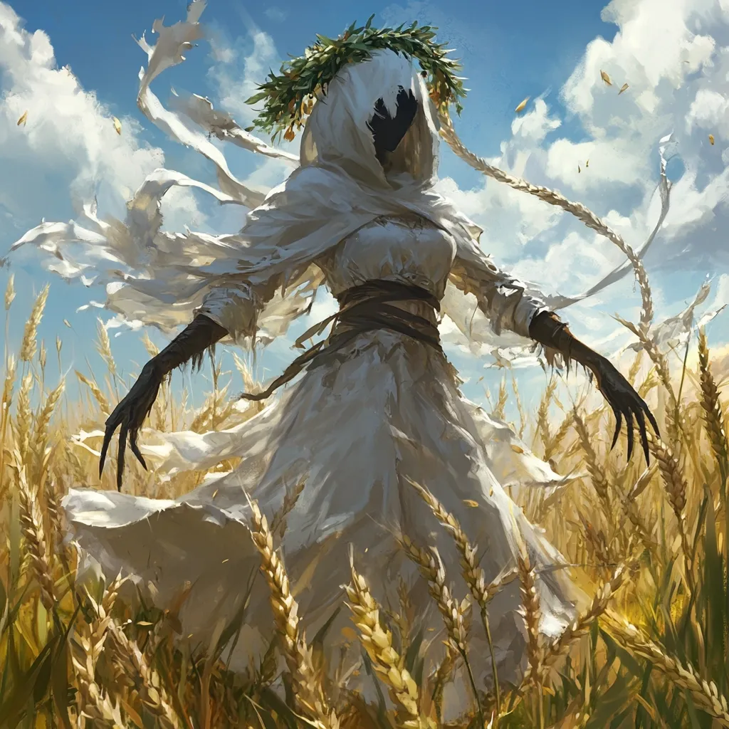 A spectral figure, veiled in a flowing white dress and crowned with a wreath, stands amidst a golden wheat field under a bright blue sky.  Her dark hands and obscured face lend an ethereal, possibly ominous, quality.  Long, white fabric trails behind her, billowing in the breeze, creating a dramatic and mystical scene. The overall impression is one of haunting beauty and enigmatic power.