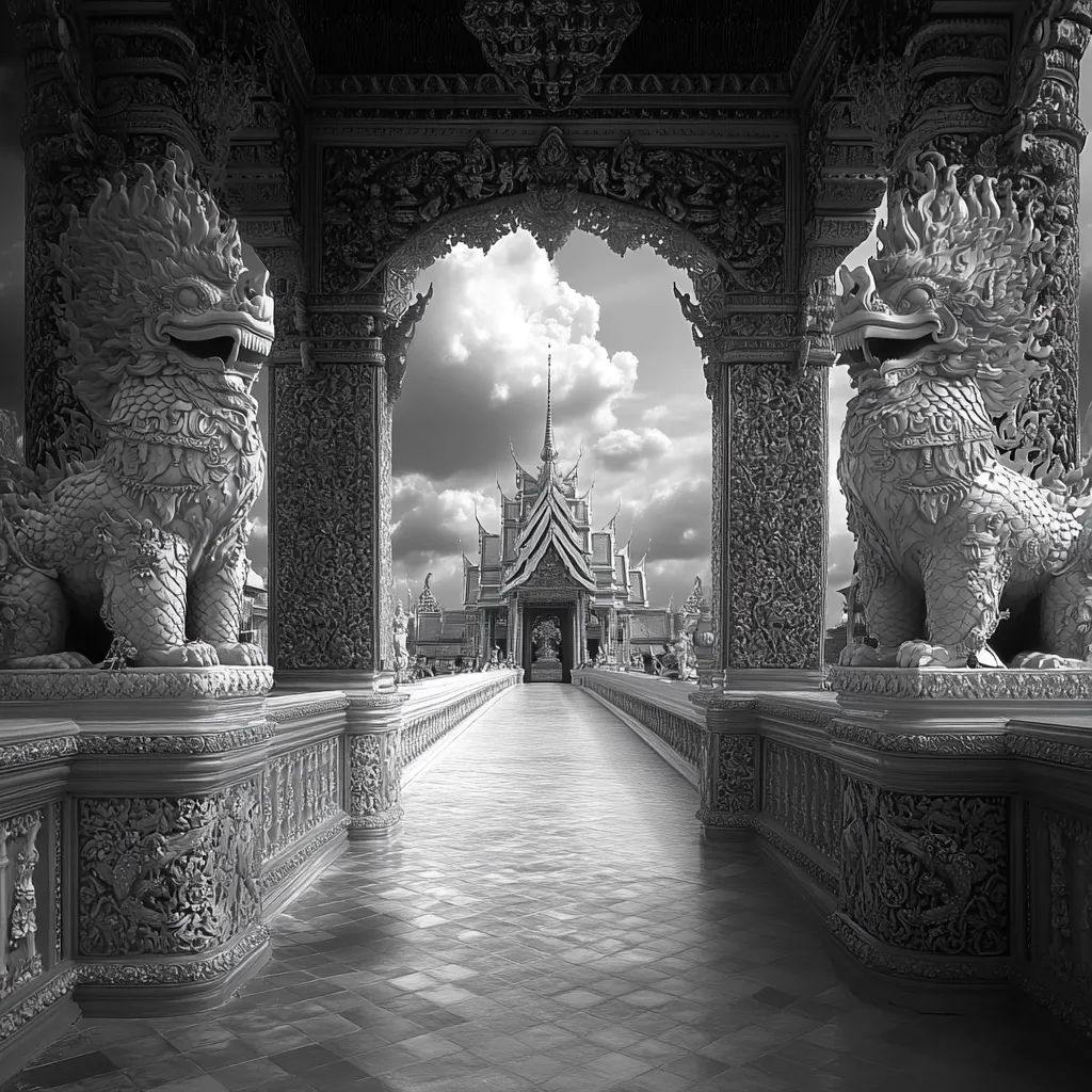 A black and white photograph showcases a grand, ornate archway flanked by majestic lion statues.  The archway frames a pathway leading to an elaborate Thai temple under a dramatic sky.  Intricate carvings adorn the archway and balustrades, creating a sense of regal beauty and serenity. The scene is peaceful and evokes a feeling of spiritual significance.