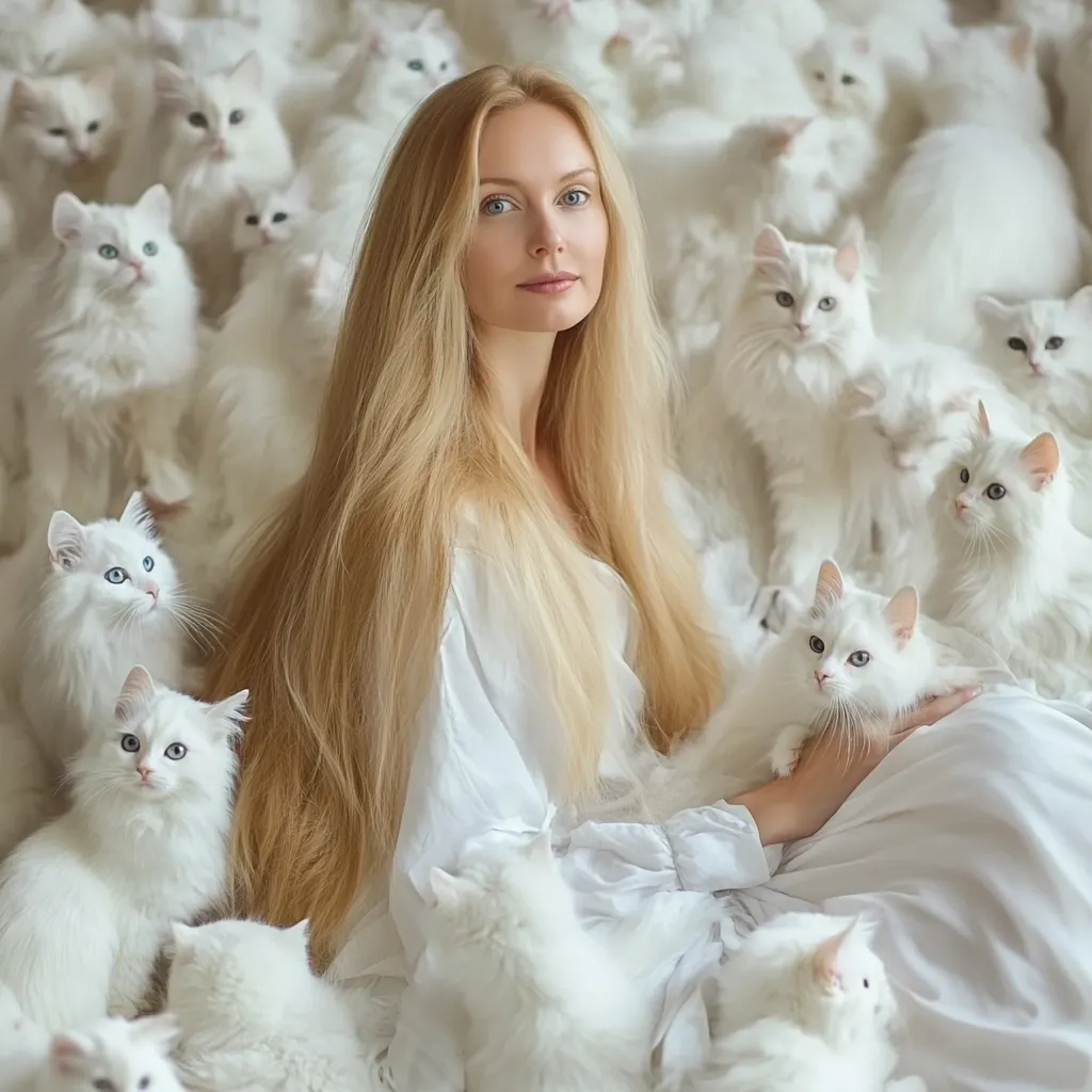 A blonde woman with long hair, wearing a white dress, sits surrounded by numerous fluffy white cats.  The cats are nestled around her, some on her lap and others nearby. The scene is serene and peaceful, with a soft, light color palette. The woman appears calm and content amidst the felines.